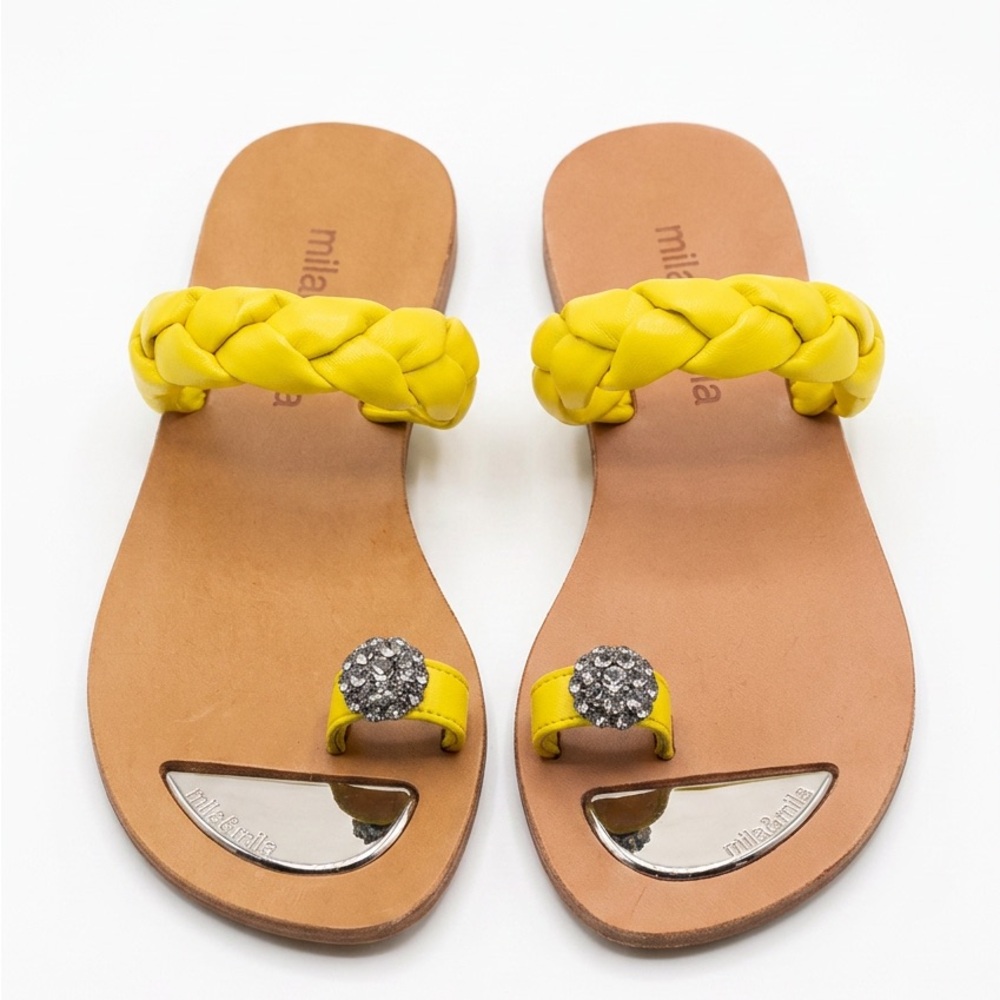 Nila & Nila Women’s Yellow Soft Leather Braided Toe-Ring Flat Summer Sandals